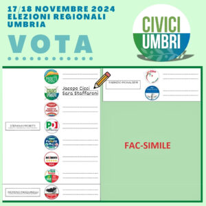 facsimile scheda di voto che riporta a fianco del logo dei civici umbri i nominativi di Jacopo Cicci e Sara Staffaroni